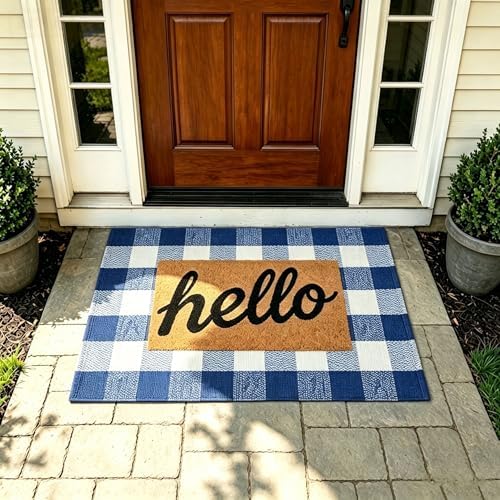 MUBIN Cotton Blue White Plaid Rug, 27.5''x 43'' Checked Outdoor Rug Front Door Decorative Mat, Hand-Woven Washable Reversible Foldable Rug for Front Porch, Entryway (43''L x 27.5''W, Blue White Plaid) - Image 5