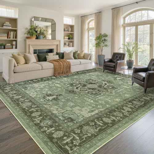 9x12 Ft Extra Large Area Rugs for Living Room, Soft Non-Slip Machine Washable Rug, Vintage Stain Resistant Carpets for Bedroom Nursery Dining Room Home Decor (Green) - Image 2
