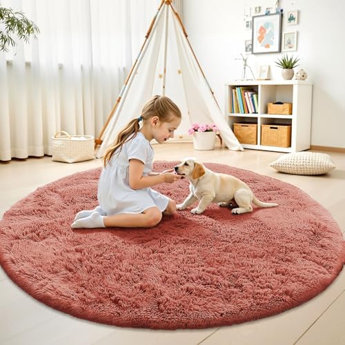 OLANLY Rust Red Round Rugs for Bedroom - Machine Washable, 6 ft Circle Area Rugs for Living Room, Soft and Fluffy Shaggy Carpet for Teen Girl and Boys, Nursery Rooms, Dorms, Home Decor Aesthetic - Image 2