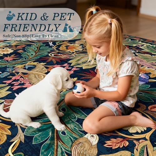 nesrt Jungle Living Room Area Rug 6x9,Boho Washable Floral Large Bedroom Rugs Non Slip, Soft Faux Wool Botanical Woodland Birds Carpet for Kids Playroom Dining Room Dorm Nursery Office (Dark Green) - Image 2