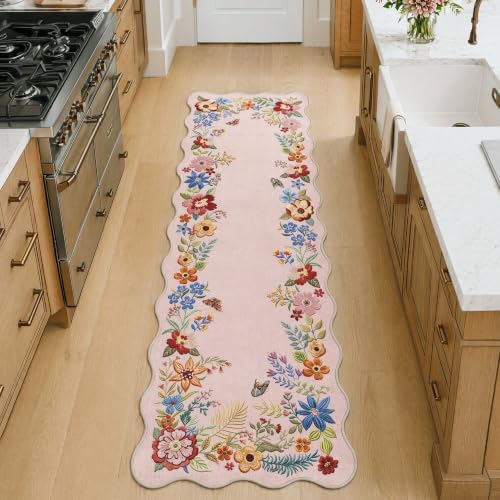 FMFUNCTEX 2x6 Hallway Runner Rug Washable Blush Pink Scalloped Floral Boho - Image 2