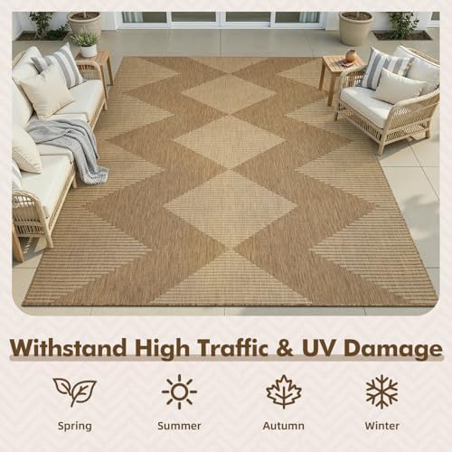 MontVoo-Outdoor Rug Carpet Patio Rug 8x10 Polypropylene Indoor Outdoor Rugs for Patio Deck Balcony Porch, Textured Weave, Durable for High Traffic, Fade-Resistant, Boho Geometric Neutral Brown - Image 4