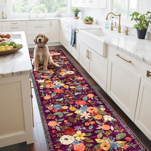 Purple Floral Hallway Runner Rug 2x10 for Hallways Kitchen Bathroom by WelcometoBabovid