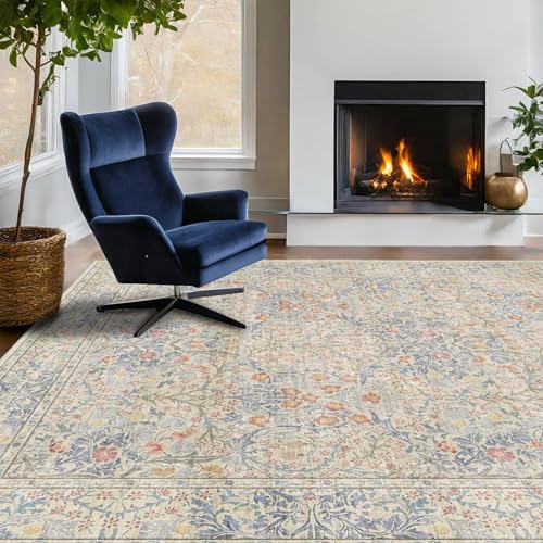 7x10 Washable Rug for Living Room - Stain Resistant Dining Room Rugs for Under Table, Soft Low Pile Large Carpet for Bedroom - Vintage Floral Non-Slip (Beige Blue) by HazoHaus