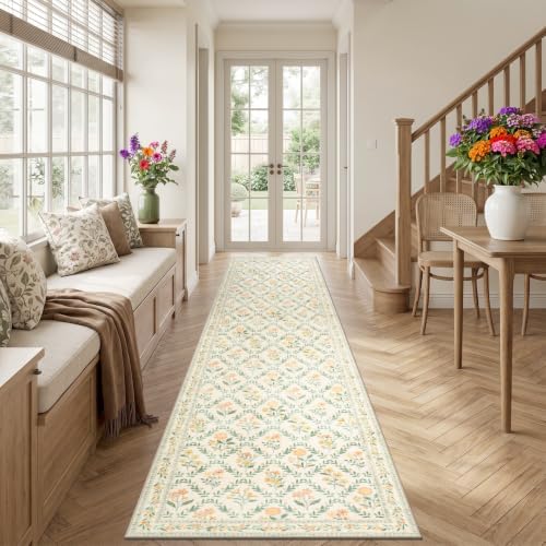 PLHXFR 2.6x14 Washable Runner Rug：Floral Indoor Kitchen Carpet Beige Multi - Image 3