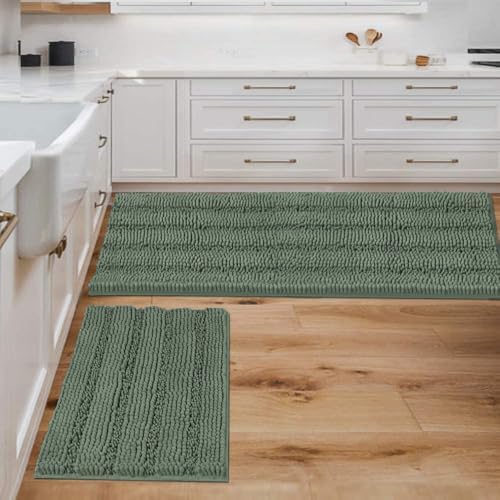H.VERSAILTEX 2 Piece Bathroom Rugs Bath Mats Sets Super Absorbent Chenille Striped Bath Mats Non Skid Machine Wash Dry Rugs for Bathroom Floor (Green Bay, 47 x 17 Plus 17 x 24 - Inches) by HVERSAILTEX