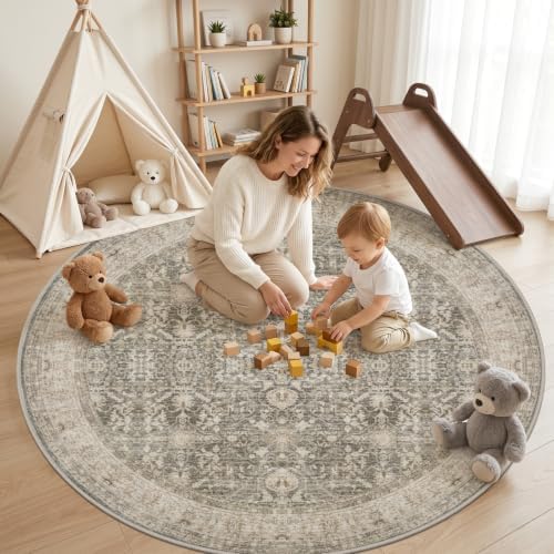Round Area Rug Living Room: 6ft Neutral Washable Carpet Warm Taupe - Image 3