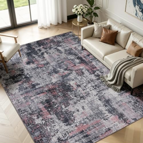 Sasttie 9x12 Washable Area Rug, Modern Abstract Large Carpet, Black & Pink by SASTTIE