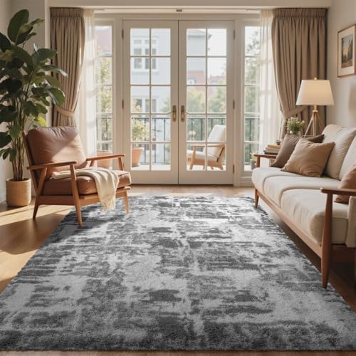 5x7 Ft Large Shag Rugs for Bedroom Living Room, Tie Dyed Ultra Soft Fluffy Furry Area Rug for Indoor Floor, Aesthetic Carpet for Home Decor (Grey) by Cuzwlovita