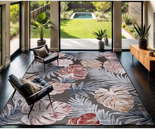 CAMILSON Indoor Outdoor Rug, Brown 9’x12’ Leaf Tropical Botanical Area Rugs for Indoor and Outdoor patios, Easy-Cleaning Non-Shedding Living Room, Garden and Kitchen Washable Outside Carpet (9x12) by CAMILSONIndoorOutdoorAreaRugs