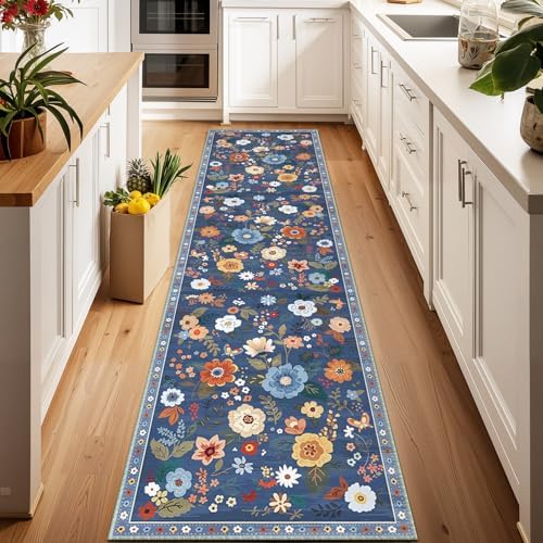 Floral Washable 2x8 Area Rugs Runner Entryway Hallway Blue/Grey by RELEANY
