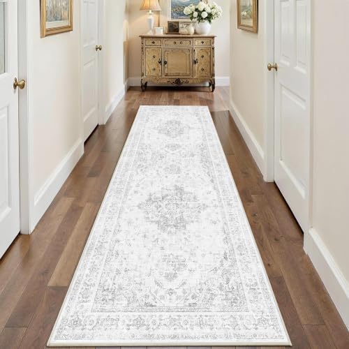 2.6x8 Washable Kitchen Runner Rug Soft Medallion Gray Throw Carpet by HOME