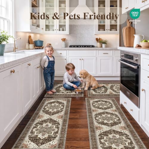 Kitchen Rug Sets 4 Piece Non-Slip: Washable Boho Kitchen Mats for Floor with Rubber Backing - Vintage Soft Low Pile Carpet Runner Throw Rugs for Sink,Entryway,Hallway,Bathroom(Brown,2x3+2x4+2x5+2x6) - Image 4