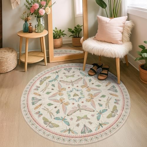 Boho Light Pink Round Rugs for Kids Bedroom - 4 ft Unique Circle Area Rugs for Baby Nursery, Washable Low Pile & Soft Cute Throw Rugs for Living Room, Playroom, Reading Corner, Fun Insect Décor - Image 7