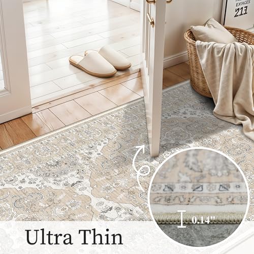 Washable Kitchen Runner Rug 2x10: Non-Slip Hallway Entryway Rugs with Rubber Backing Stain Resistant Soft Thin Low Pile Carpet for Bedroom Indoor Vintage Home Decor Mat for Bathroom (Beige/Cream,2x10) - Image 5