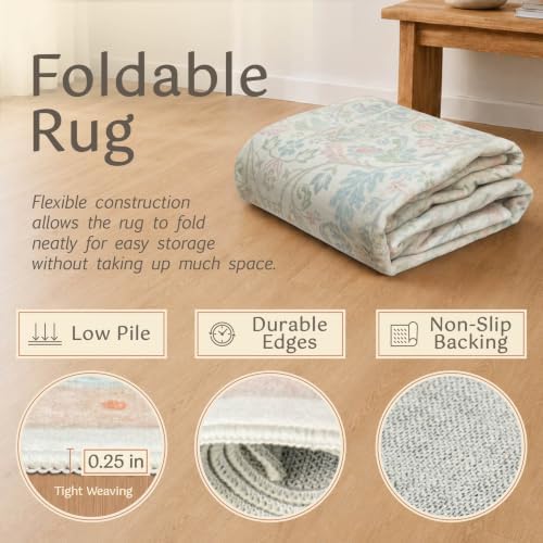Pink and Blue 7x9 Washable Area Rug, Soft Low Pile Girls Nursery Rug, Non Slip Pastel Floral Carpet for Playroom Bedroom Living Room, Vintage Oushak Stain Resistant Home Décor - Image 4