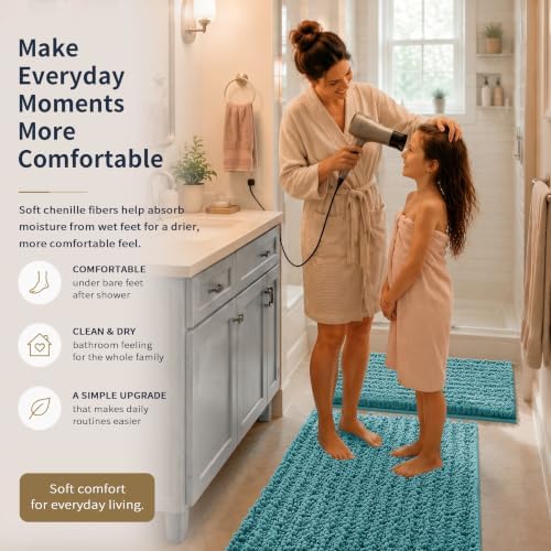 Yimobra Bathroom Rug Set 3 Piece, Super Absorbent Bath Mat Set, Teal Blue - Image 4