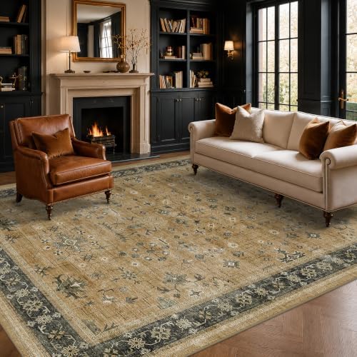 Boho 7x10 Living Room Rug - Washable Rustic Brown and Charcoal Olive Bedroom Area Rug, Modern Vintage Dining Room Carpet, Non-Slip Stain & Fade Resistant by HazoHaus