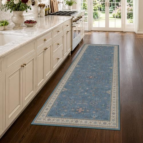 Washable 3x8 Throw Rug for Hallway - Blue Rugs for Entryway Indoor, Bedroom Bedside, Mudroom, Boho Eclectic Modern Décor, Non Slip Low Pile Fade Resistant by HazoHaus