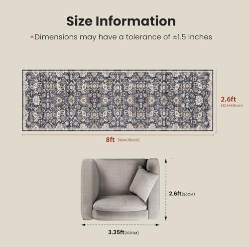 Amada 2'6"x8' Washable Runner Rug for Hallway, Blue/Brown, Vintage Style - Image 2