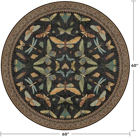 Black Boho 5ft Round Throw Rugs for Living Room - Dark Unique Insect Print Large Entryway Rug, Low Pile & Soft Carpet for Bedroom Beside Bed, Kids Playroom, Non Slip Stain Resistant Home Décor - Image 2