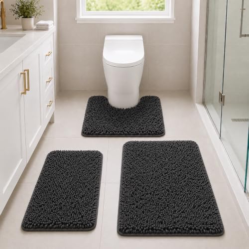 Bathroom Rugs Set Non Slip 3 Piece Bath Mat Washable Chenille Bath Rugs with PVC Backing Bath Carpet,Absorbent Bathroom Mats with Toilet Rug,Bath Mats for Bathroom,Bedroom, Kitchen,Tub,Home Decor - Image 2