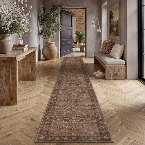 HUGEAR 2'6''x12' Brick Red Vintage Floral Washable Runner Rug for Hallway by HUGEAR