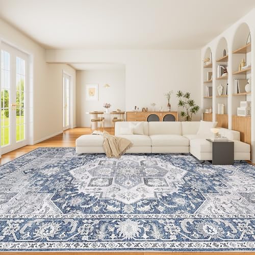 DUKINO 9x12 Rugs for Living Room, Soft Non-Slip Washable Area Rugs, Faux Wool Bedroom Rug with Non-Shedding, Indoor Low-Pile Boho Rugs for Dining Room, Home Office, Blue by DUKINO