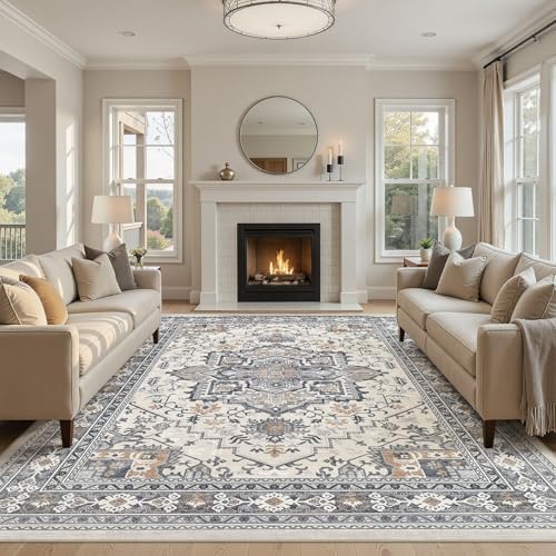 UERMEI 10x14 Area Rug Living Room Rugs - Washable Vintage Soft Large Rug Indoor Floor No Slip Rug Carpet for Bedroom Farmhouse Under Dining Table Home Office Decor - Grey-Orange - Image 5