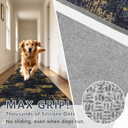 Modern Hallway Runner Rug 2x6,Textured Non Slip Carpet Runner,Navy/Gold - Image 6
