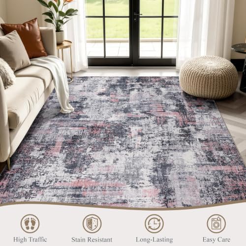 Sasttie 9x12 Washable Area Rug, Modern Abstract Large Carpet, Black & Pink - Image 2