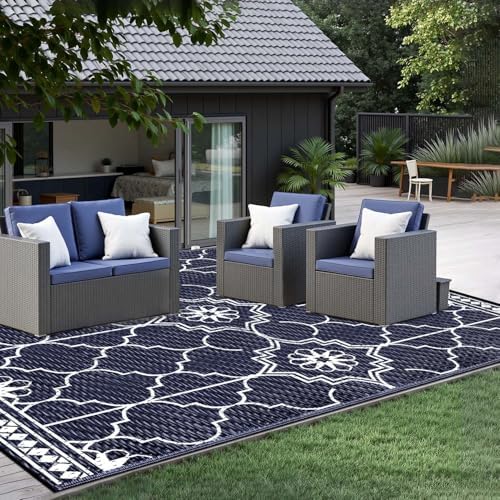 Outdoor Rug 6x9Ft, Waterproof Outdoor Patio Rug for House Deck Reversible Plastic Straw Mat for RV Camping Picnic Beach Balcony (Blue White) - Image 5