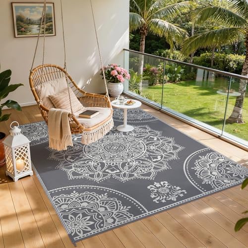 Pauwer Waterproof Outdoor Rug 8x10, Plastic Straw Patio Mat, Floral Grey - Image 6