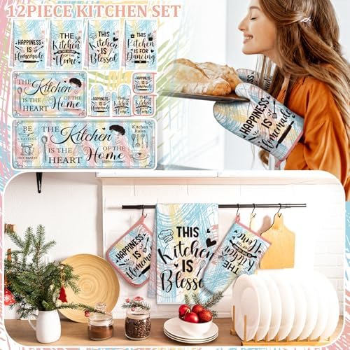 Fourluoo 10 Pcs Kitchen Towels Rugs Pot Holders Oven Mitts Cooking Set - Image 2