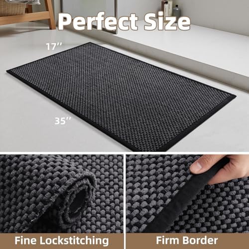 PADOOR-Bath Mat-Super Absorbent Chenille Bathroom Mats-Rubber Backed Bath Mats for Bathroom Non Slip, Easy Clean Bathroom Rugs Front of Bathtub,Shower Room,Sink-17×35, Darkgrey&Black - Image 2