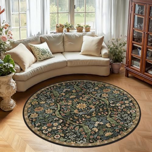 Round Rug 5ft Floral Circle Rug Brown Botanical Indoor Area Rugs by NakedCloud