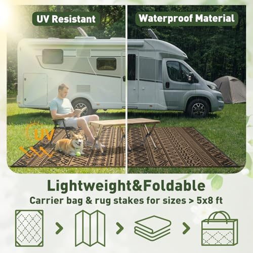 MontVoo-Outdoor Rug Carpet Waterproof 5x8 ft Reversible Patio Rug RV Camping Rugs Plastic Straw Outside Indoor Outdoor Area Rugs for Patio Deck Balcony Picnic Beach Outdoor Decor Boho Black Brown - Image 6