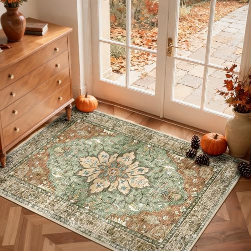 RELEANY Washable Area Rug, Small 2'x3', Brick/Brown/Green by RELEANY