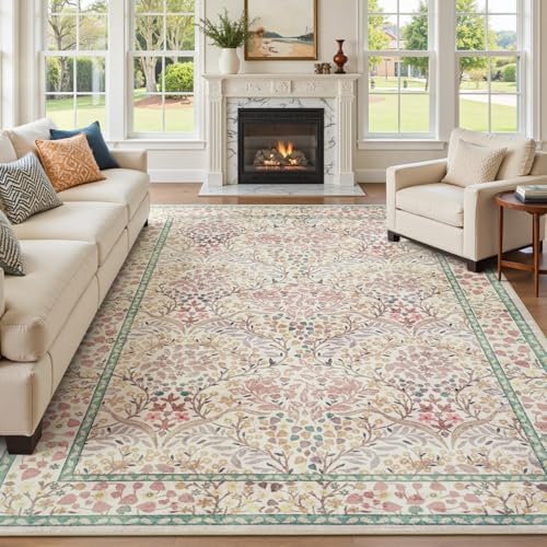Lofus Pink Boho Floral Rug 9x12, Washable Large Living Room Area Rugs by Lofus