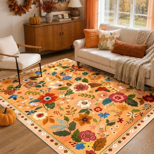 RELEANY Floral Washable 4x6 Area Rugs Orange/Yellow/Red by RELEANY