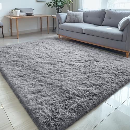 OLANLY 5x7 Machine Washable Large Area Rugs for Living Room, Bedroom, Soft Fluffy Shaggy Bedside Rug, Indoor Floor Carpet for Kids Girls and Boys, Dorms, Nursery, Home Decor Aesthetic, Light Grey by OLANLY