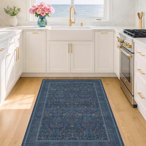 4x6 Washable Kitchen Rugs - Navy Blue Large Entryway Rugs Indoor, Non Slip Area Rug for Mudroom, Bedroom, Low Pile Stain Resistant Flower Victorian Carpet (Dark Blue) by Evyhood
