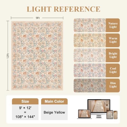 DUKINO 9x12 Area Rug for Living Room, Vintage Floral Washable Rug, Beige - Image 2
