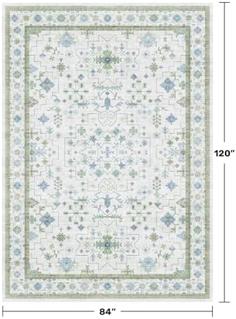 Hazo Haus Blue and Green Living Room Rug 7x10 - Cream Oushak Vintage Boho Floral Farmhouse, Washable Low Pile Non-Slip Extra Large Area Rugs for Bedroom, Kids, Lounge - Image 2