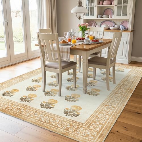 Beige Brown Floral Living Room Rug 5x7 Area Rug - Vintage Washable Rug for Dining Room, Bedroom, Ultra Soft Low Pile Non Slip Stain Resistance Distressed Boho Farmhouse Flower Carpet - Image 4