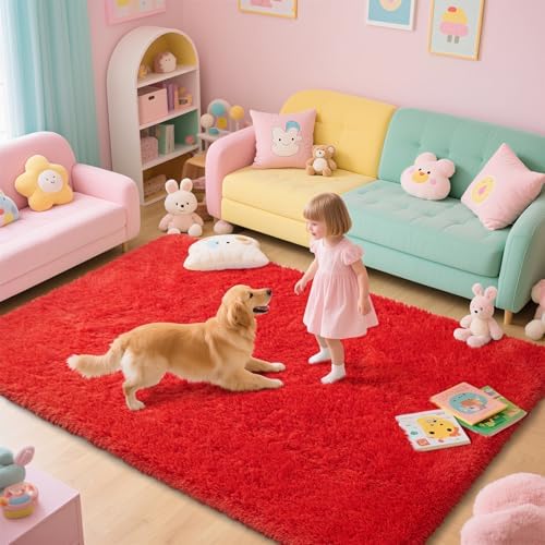 Red Shag Area Rugs for Bedroom Living Room,Ultra Soft Fluffy Christmas Area Rugs 5X8 for Dorm,Indoor Carpet Plush Rugs for Living Room Home Decor - Image 4