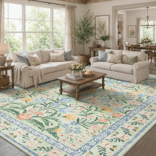 Wonnitar 10x14 Machine Washable Area Rugs, Green Floral Large Rugs for Living Room, Ultra-Thin Foldable Boho Flower Print Bedroom Carpet for Dorm Apartment Office by Wonnitar
