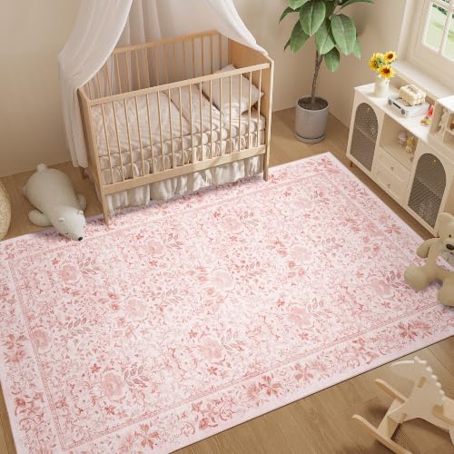 DUKINO 5x8 Area Rug, Vintage Floral Washable Rugs for Living Room, Pink - Image 3