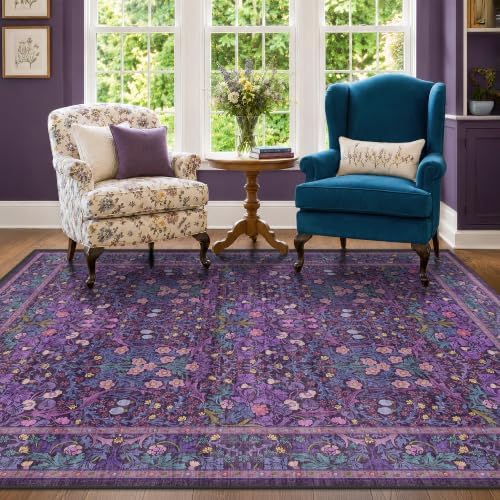 Washable Violet 5x7 Area Rug for Living Room, Vintage Dark Purple Dining Room Rugs for Under Table, Boho Foldable Low Pile Soft Carpet, Stain Resistant & Traditional Plum Floral Design by HazoHaus