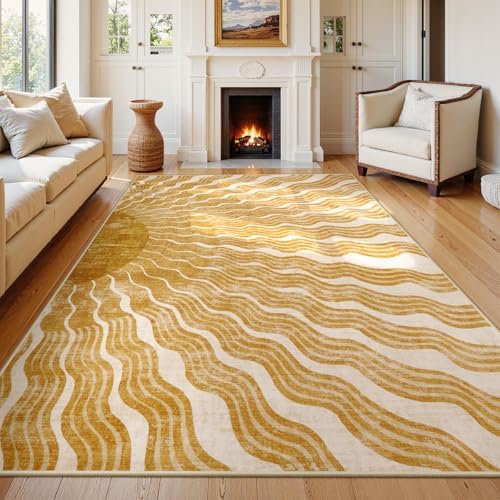Hedlive Boho Machine Washable Rug 6x9, Sun Print Soft 6x9 Nursery Rug for Bedroom Classroom, Ultra-Thin Non Slip Kids Large Carpet for Living Room Playroom Office(6'x9',Gold/Multi) by Hedlive